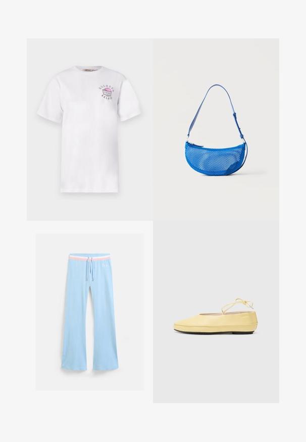 Hvid t-shirt med korte ærmer med lille pink og sort grafik af en stykke gelato-kage og teksten "Ellesse Gelato" på venstre bryst.; Lyseblå, flagrende sweatpants med snor i taljen. Har en pink og hvid stribet accent samt broderet logo. Blød stoftekstur.; Gule læderballetsko med rund tå, tynd ankelstrop og sort gummisål. Glat tekstur med minimale design detaljer.; Blå net skuldertaske med justerbar rem og lynlåslukning, vist mod en ensfarvet hvid baggrund.