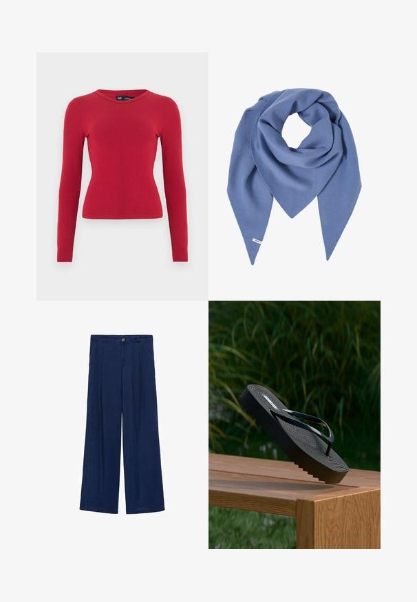 Rød, ribbet bluse med lange ærmer og rund halsudskæring. Fremstillet af blødt stof, med tætsiddende pasform og diskrete teksturdetaljer. Mærkeetiket synlig.; Marineblå vide benbukser med knaplukning, to for-pleats og en glat tekstur. Stoffet virker let og åndbart.; Sort platform-flipflop med tekstureret sål balancerende på kanten af en træbænk udendørs med en sløret grøn bladbaggrund.; Blødt blåt trekantet strikket tørklæde med et lille hvidt mærkelabel på den ene spidse ende, arrangeret i en løkke.