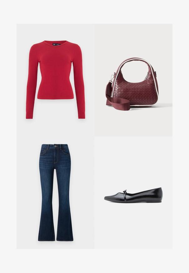 Rød, ribbet bluse med lange ærmer og rund halsudskæring. Fremstillet af blødt stof, med tætsiddende pasform og diskrete teksturdetaljer. Mærkeetiket synlig.; TOM TAILOR STELLA darkblue; Sort laklæderballerina med spids tå, dekorativ rem og glat tekstur. Minimalistisk design uden synlige detaljer.; Mørkerød vævet lædertaske med buet hank, hvid kant, sølv lynlås og aftagelig bred stofskulderrem mod en ensfarvet baggrund.