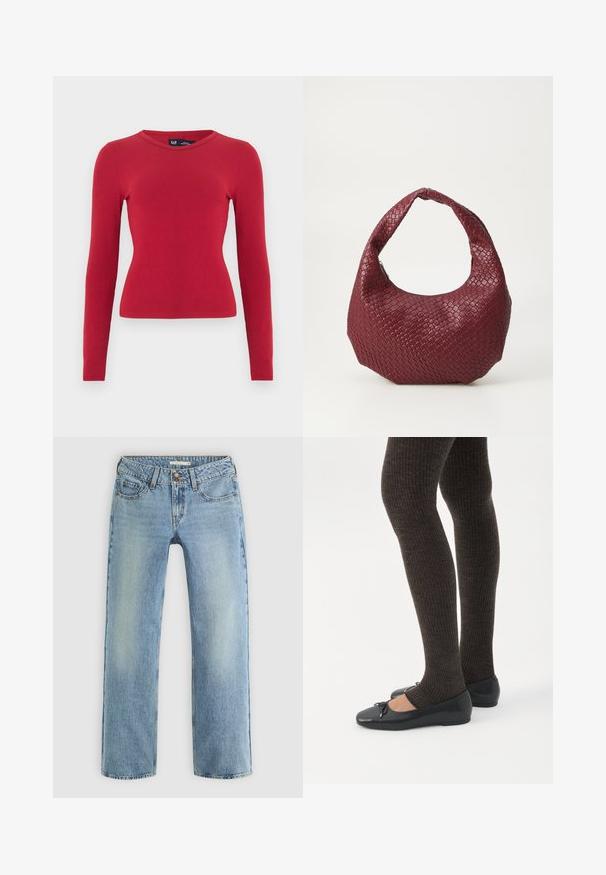 Rode geribbelde longsleeve met een ronde halslijn. Gemaakt van zachte stof, aansluitende pasvorm en subtiele structuurdetails. Merketiket zichtbaar.; Lichtblauwe rechte jeans van denim, met een knoopsluiting, vijf zakken en subtiele vervaging langs de benen.; Benen met donkere geribbelde leggings gecombineerd met zwarte ballerina's met kleine strikdetails op een witte achtergrond.; Geweven bordeaux handtas met een afgeronde silhouet, een enkele handgreep en een gestructureerde afwerking. Ritssluiting aan de bovenkant.