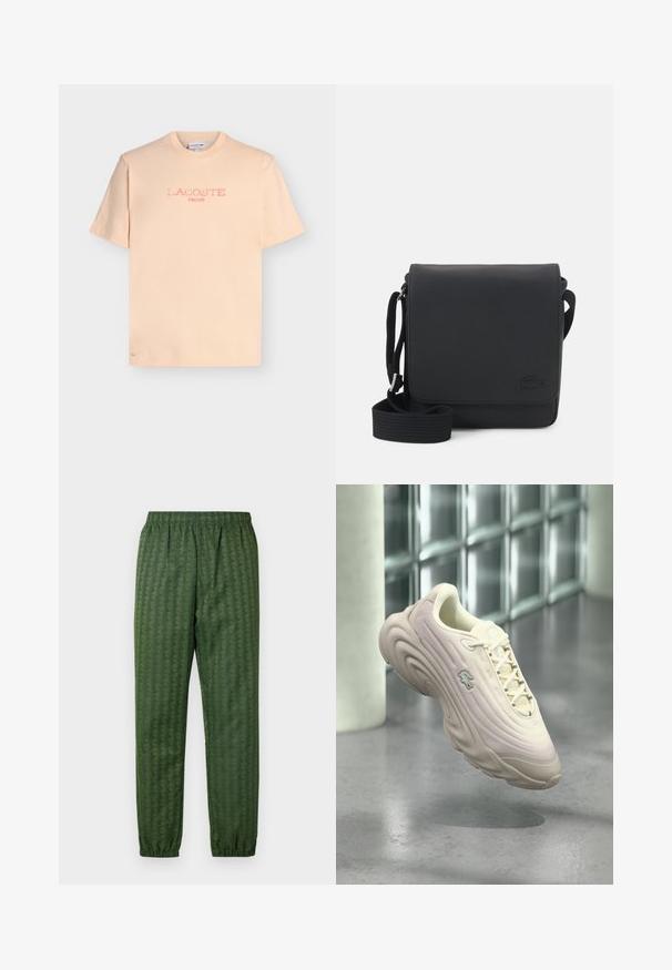 Camiseta de manga corta en color melocotón claro con «LACOSTE PARIS» impreso en rosa desgastado en la parte delantera y un pequeño cocodrilo bordado cerca del dobladillo.; Pantalones deportivos verdes con estampado, cintura elástica, piernas ajustadas y un diseño geométrico en toda su superficie. Hechos de un material ligero.; Zapatilla Beige Lacoste con suela texturizada y logo, flotando sobre un suelo liso de hormigón frente a una pared moderna de bloques de vidrio.; Bolsa de mensajero negra hecha de tejido duradero, con cierre de solapa, correa ajustable y detalles de logo grabado.
