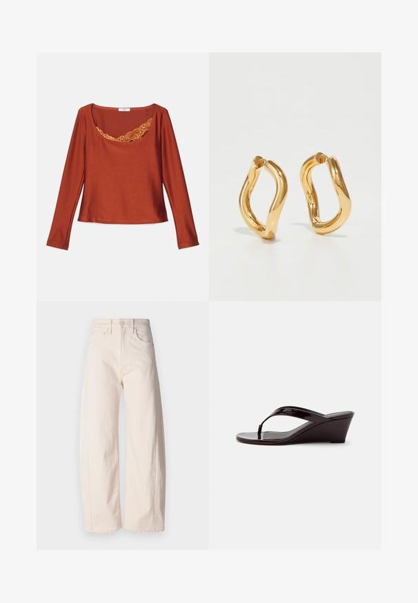 Haut à manches longues en orange rouille, avec un décolleté rond orné d'une délicate bordure en dentelle jaune, fabriqué à partir d'un matériau doux et extensible.; Mother THE HALF PIPE ANKLE - Wide Leg - off-white; Sandale compensée en cuir verni marron avec bride entre les orteils et bout ouvert, vue de profil sur un fond uni.; Boucles d'oreilles en forme de cerceau de couleur dorée avec une forme courbée et irrégulière et une texture lisse et polie. Aucun matériel ou accent visible.