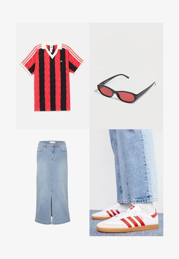Camisa de manga corta con rayas verticales rojas y negras, con cuello y puños blancos, que presenta un pequeño logo dorado de Adidas y rayas rojas en las mangas.; Falda midi de denim azul claro con una abertura frontal, corte recto, diseño clásico de cinco bolsillos y acabado desgastado. Presenta una etiqueta de marca blanca.; Zapatillas de cuero blancas con rayas y detalles rojos. Cuentan con una suela de goma texturizada y un collar acolchado. Llevadas con denim azul claro.; Gafas de sol ovaladas negras con varillas delgadas y lentes tintados de rojo descansando sobre una superficie blanca.
