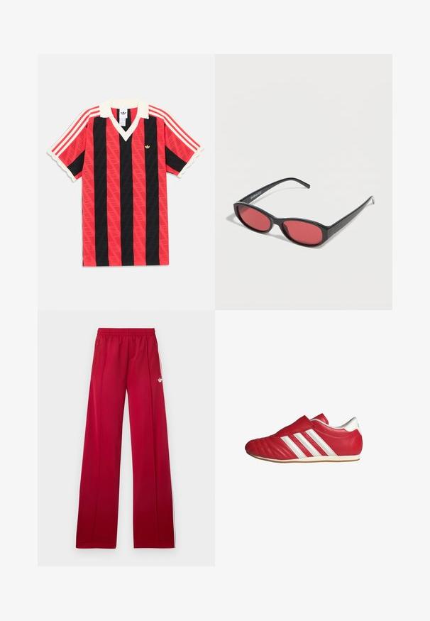 Punaste ja mustade vertikaalsete triipudega lühikeste varrukatega särk, valge krae ja mansettidega, millel on väike kuldne Adidas logo ja punased triibud varrukatel.; Punased laia lõikega jooksupüksid elastse vööga, külgedel lukuga taskud, valged triibud külgedel ja väike valge logo vasakul reiel.; Punane nahast spordijalats ümara kärgiga, tekstuuriga pealispind, valged küljeribad ja Velcro rihm. Lame kummisele, et tagada haardumine.; Mustad ovaalsed päikeseprillid õhukeste kätega ja punase tooniga läätsedega, mis puhkavad valgel pinnal.
