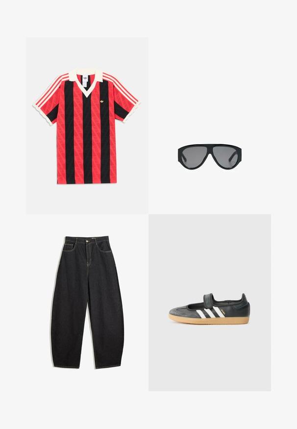 Rood-zwart gestreept shirt met korte mouwen, verticale strepen, witte kraag en manchetten, met een klein gouden Adidas-logo en rode strepen op de mouwen.; Zwarte denim wijde pijpenbroek met een hoge taille, voorzien van gele stiksels, twee voorkruiken en een enkele knoopsluiting.; Zwarte leren en suède sneaker met een klittenbandsluiting, voorzien van drie witte strepen en een gumzool, met de naam "SAMBA" aan de zijkant.; Zwarte oversized pilotenzonnebril met donker getinte glazen, weergegeven op een witte achtergrond.
