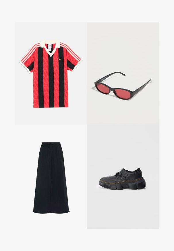 Rood-zwart gestreept shirt met korte mouwen, verticale strepen, witte kraag en manchetten, met een klein gouden Adidas-logo en rode strepen op de mouwen.; Zwarte wijdvallende broek met een elastische tailleband en een verstelbaar trekkoord. Gemaakt van een lichte stof met een gladde textuur. Geen zichtbare patronen.; Zwarte sneakers met een chunky zool en leren bovenzijde, gele stiksels langs de tussenzool, klittenband en vetersluiting, op een effen lichte achtergrond.; Zwarte ovale zonnebril met slanke pootjes en rood getinte glazen, rustend op een witte ondergrond.