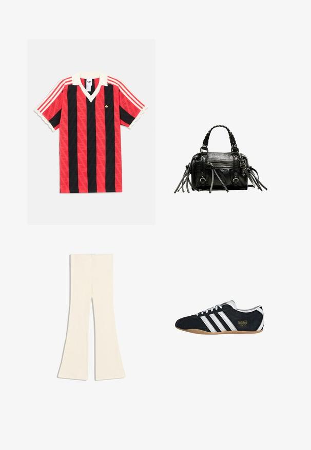 Chemise à manches courtes rayée verticalement rouge et noire avec col et poignets blancs, arborant un petit logo Adidas doré et des rayures rouges sur les manches.; Pantalon en maille côtelée couleur crème avec design de jambes évasées, présenté à plat sur un fond blanc.; Sneakers en suede noir avec trois bandes blanches, logo doré et semelle en caoutchouc marron. Présente un design à lacets à profil bas.; Sac à main en cuir noir avec poignées tressées, surface texturée, poche frontale zippée et accents de franges décoratives. Forme compacte et structurée.