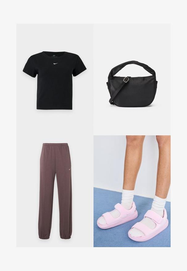 Camiseta negra de rayas con mangas cortas, que presenta un pequeño logo blanco de Nike en el pecho y un cuello redondo.; Pantalones de chándal marrones con cintura elástica, costuras laterales, puños elásticos y un pequeño logo blanco de Nike en el muslo superior izquierdo.; Sandalias deportivas rosas con una correa ancha y diseño de punta abierta, fabricadas en material suave, con una suela texturizada para mayor agarre.; Bolso de hombro de tela negra con un asa retorcida, una correa desmontable y un cierre superior con cremallera. Textura suave y diseño minimalista.