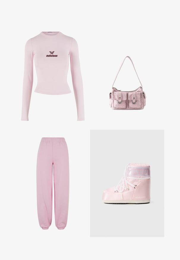 T-shirt ajusté à manches longues en doux tissu rose pastel avec un col rond et un logo marron "felicious" au centre, comportant un design de papillon.; Urban Classics Pantalon de survêtement - softpink; Bottines Moon Boot rembourrées roses avec des lacets blancs enroulés, semelle épaisse et bande transparente avec le texte "Moon Boot" près du haut.; Petit sac d'épaule en tissu rose avec deux poches avant chacune sécurisée par un rabat et un anneau métallique, ainsi qu'une fermeture éclair sur le dessus.
