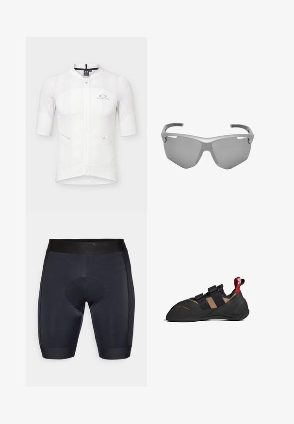Camiseta de ciclismo blanca de manga corta con cremallera frontal completa, paneles de malla en los hombros y logo de Oakley en el pecho izquierdo.; Mallas de ciclismo negras con una textura suave, que presentan una zona acolchada en el centro y una cinturilla elástica negra con el logo "GripGrab".; Zapato de escalada con un upper sintético negro y marrón, que cuenta con dos correas de Velcro, una suela de goma y un tirador rojo en el talón.; Gafas de sol deportivas envolventes con una única lente oscura y montura gruesa y curvada de color gris, diseñadas para uso en exteriores.