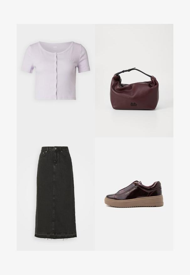 GAP CROPPED CREW - Trükipildiga T-särk - orchid petal; Musträpitud must denim midi seelik, millel on liibuv vöökoht, esiantiknapid ja rebitud ääred. Omab klassikalist viit taskut ja kerget tekstuuri.; Madal ja vabaaja toss läikivas tumepunas, beežide paksude tallade ja kuldse „Marco Tozzi“ logoga küljel.; Burgundia nahast kott pehme, kortsulise tekstuuriga, must reguleeritav rihm ja lukuga sulgemine. Omab peent logo põhjapool.