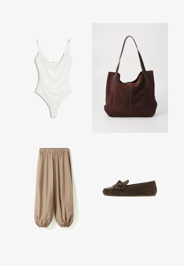 Body blanc sans manches avec fines bretelles doubles et un col bénitier drapé, conçu pour une coupe ajustée.; Pantalon beige ample avec taille élastique et poignets froncés resserrés aux chevilles, en tissu léger.; Mocassin en daim marron avec bout arrondi, détails froncés à l'avant et petit nœud décoratif. Semelle en caoutchouc plate pour plus de confort.; Sac fourre-tout en daim marron avec deux anses en cuir noir. Texture douce, haut arrondi et un intérieur spacieux. Aucun matériel ou embellissement visible.