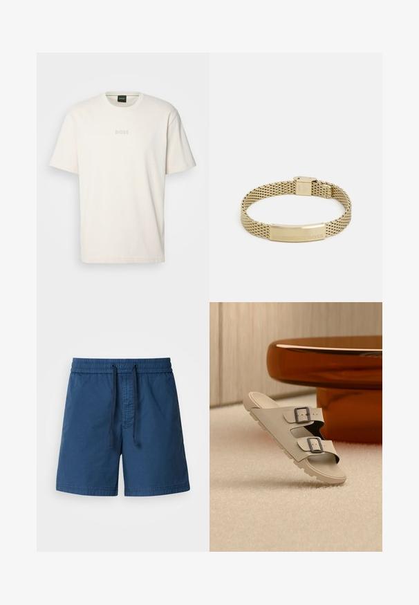 BOSS TEE - T-shirt basic - open white; Marineblauwe zwemshorts met een elastische tailleband, een trekkoordsluiting en een gestructureerde stof. Het ontwerp heeft een recht model en geen zakken.; Beige sandaal met twee zwarte gespen balanceert op een witte gestructureerde vloer voor een ronde, glanzende amberkleurige tafel in een minimalistische kamer.; Gouden mesh armband met een platte, gegraveerde plaat met het woord "BOSS." Het ontwerp is slank met een metallic textuur en een veilige sluiting.