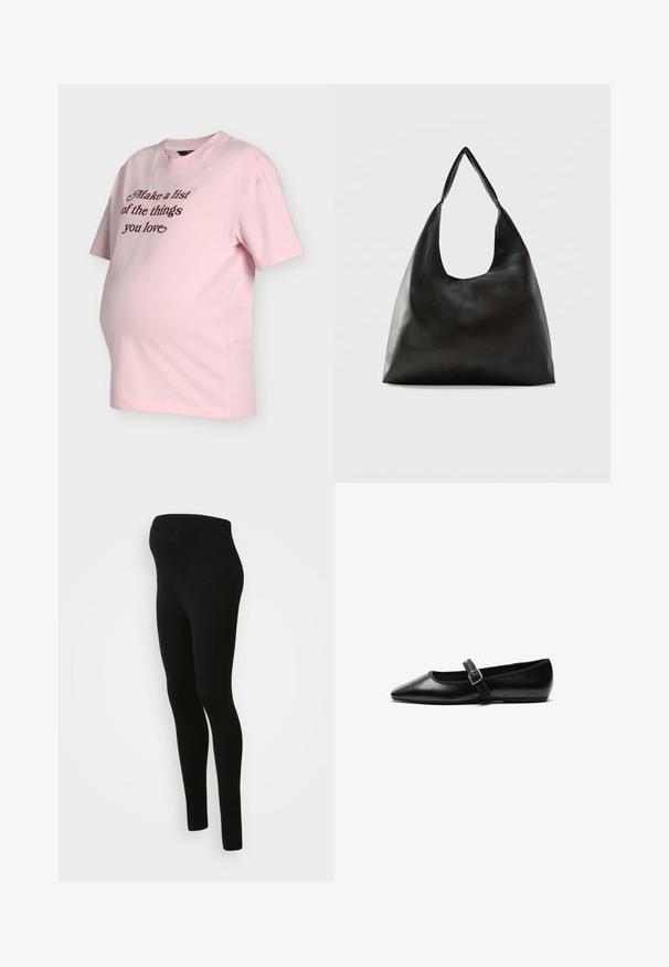 T-shirt de grossesse rose clair à manches courtes, avec un texte marron sur le devant indiquant « Faites une liste des choses que vous aimez ».; Leggings de maternité noirs avec une taille haute et un soutien optimal, texture lisse, design ajusté, sans motifs ni embellissements visibles.; Chaussure noire plate en cuir avec un bout pointu, bride réglable avec une boucle en métal, texture lisse et design minimaliste.; Sac bandoulière en cuir noir lisse avec une large sangle unique et un design décontracté et minimaliste sur un fond uni.