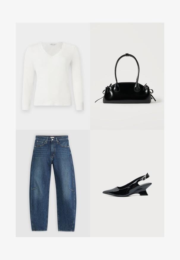 Chemise blanche à manches longues côtelée avec encolure en V et détails de dentelle autour du col, posée à plat sur un fond blanc.; Jean en denim bleu foncé avec une coupe droite, dotés de poches avant, de surpiqûres contrastées et d'une texture légèrement délavée sur les jambes.; Chaussure slingback en cuir verni noir avec bout pointu et petit talon bloc incliné sur fond clair uni.; Petit sac à main noir brillant avec deux longues anses et des détails à cordon sur les côtés sur un fond clair uni.