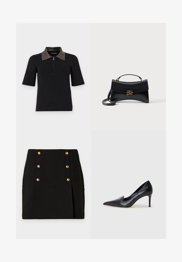 Polo negro de manga corta con textura estriada, que presenta un cuello con cremallera y un diseño de cuello con tachuelas en acentos metálicos.; Mini falda negra con un diseño ajustado, que cuenta con un panel delantero con cuatro botones dorados y un detalle de pliegue lateral. Hecha de tela suave.; Zapato de piel negra con punta afilada, escote bajo y un detalle decorativo dorado. Cuenta con un tacón de aguja y textura suave.; Bolso de mano de cuero negro con solapa curva, cierre con logo "KZ" dorado, asa superior y correa de hombro desmontable sobre un fondo liso.