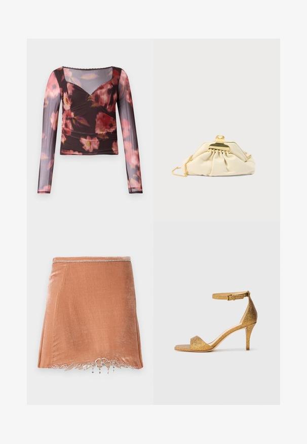 Blusa de manga larga con estampado floral en marrón oscuro con flores rosas. Cuenta con un escote en forma de V y un detalle texturizado en el escote, fabricada con una tela ligera.; Rabanne Minifalda - pink; Sándal de tacón alto con brillo dorado, con correa en el tobillo y hebilla, punta abierta y tacón de aguja esbelto, sobre un fondo sencillo.; Bolso clutch color crema hecho de material suave, con cierre dorado y cadena como correa, con diseño fruncido en el cuerpo.