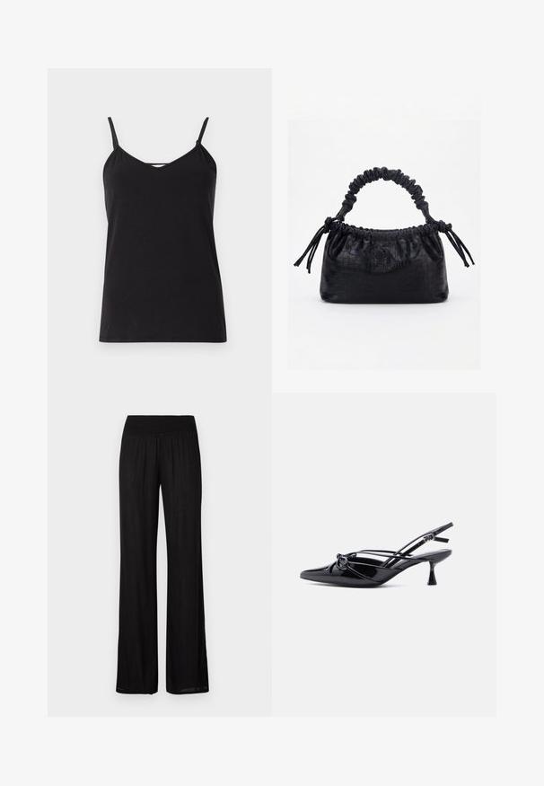Sort camisole-top med tynde justerbare stropper, V-udskæring og en lige kant. Lavet af blødt, let stof med en glat tekstur.; Sorte brede bukser med smocket talje, lavet af letvægtsstof med en subtil tekstur og en lige, flydende pasform.; Sort laklæder slingback-pumpe med spids tå, lav kittenhæl og dekorativ knyttet sløjfedetalje foran.; Sort taske med krokodilletekstur, rynket øverste kant, samlet hank og snore med kvaster på hver side mod en hvid baggrund.