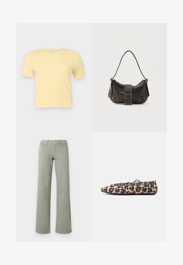 Haut jaune à manches courtes en maille côtelée avec de petits motifs de cœurs blancs éparpillés et un col rond.; Pantalon droit taille haute vert clair avec ceinture, bouton, fermeture éclair, et poches avant et arrière sur fond blanc.; Chaussure plate en tissu imprimé léopard, lacets noirs passant à travers des œillets en métal, et semelle en caoutchouc flexible sur fond blanc.; Sac à épaule en cuir noir avec une sangle à boucle, des bords arrondis et des coutures blanches contrastées sur un fond uni.