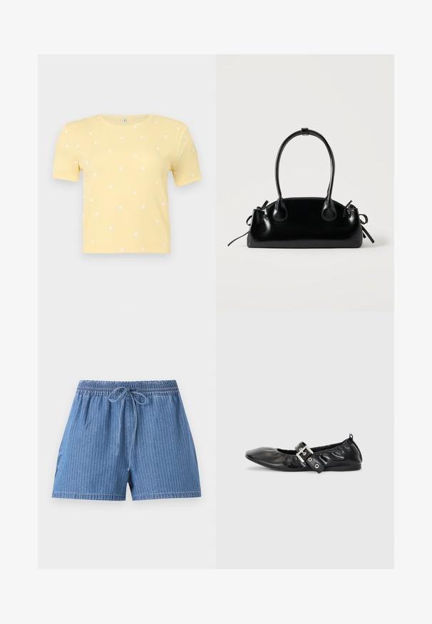 Haut jaune à manches courtes en maille côtelée avec de petits motifs de cœurs blancs éparpillés et un col rond.; Short en denim bleu avec fines rayures verticales, taille élastique et cordon de serrage à l’avant.; Chaussure plate en cuir noir avec un nez pointu, des détails froncés autour de l'ouverture et un accent en boucle argentée sur la bride ajustable.; Petit sac à main noir brillant avec deux longues anses et des détails à cordon sur les côtés sur un fond clair uni.
