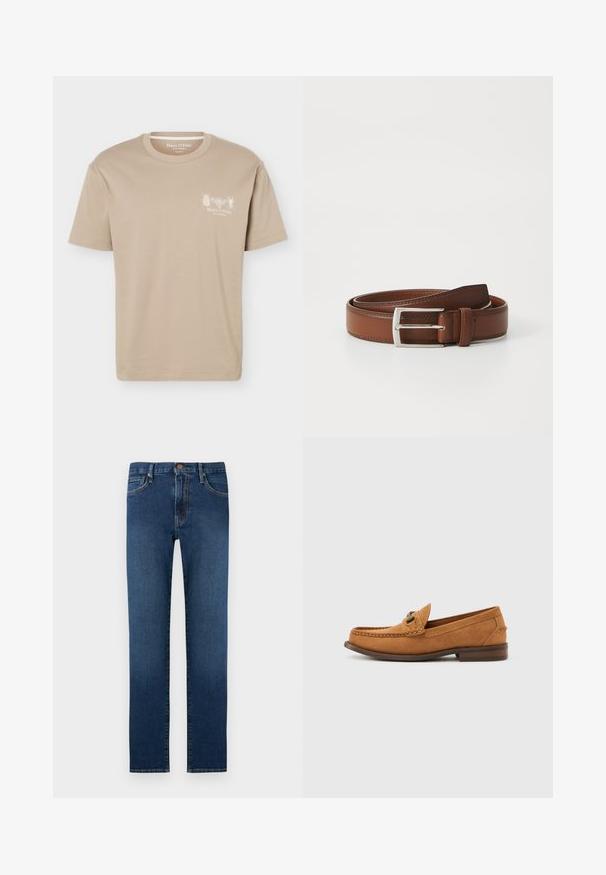 T-shirt beige à manches courtes avec col rond, présentant de petits motifs d'insectes et le logo "Marc O'Polo" sur la poitrine gauche.; Jean denim bleu foncé droit avec cinq poches, fermeture par bouton et surpiqûres contrastantes.; Mocassin pour homme en daim marron clair avec détail en métal et couture mocassin, présenté en profil sur un fond blanc uni.; Ceinture en cuir brun au fini lisse, avec une boucle en métal argenté et une couture subtile le long des bords. Design classique et durable.