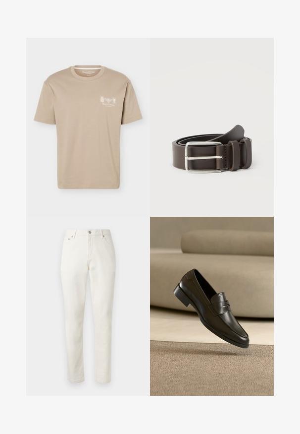 T-shirt beige à manches courtes avec col rond, présentant de petits motifs d'insectes et le logo "Marc O'Polo" sur la poitrine gauche.; Pantalon blanc à jambes droites avec poches avant, passants de ceinture et fermeture par bouton, présenté sur un fond gris clair.; Mocassin en cuir noir flottant au-dessus d'un tapis beige avec un canapé beige en arrière-plan, mettant en valeur le design classique pour hommes sans lacets.; Ceinture en cuir marron avec une boucle en métal argenté, présentant une texture lisse et un design simple. Comprend une boucle pour l'ajustement et la fixation.