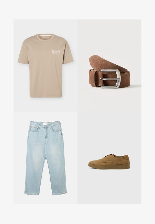 T-shirt beige à manches courtes avec col rond, présentant de petits motifs d'insectes et le logo "Marc O'Polo" sur la poitrine gauche.; Jean en denim bleu clair avec une coupe décontractée, cinq poches, une fermeture à bouton et un léger délavage. La texture est douce et légèrement usée.; Chaussure décontractée à lacets en daim marron avec semelle en caoutchouc plate, vue de côté sur un fond clair uni.; Ceinture en daim marron roulée avec une boucle rectangulaire en métal argenté sur un fond clair uni.