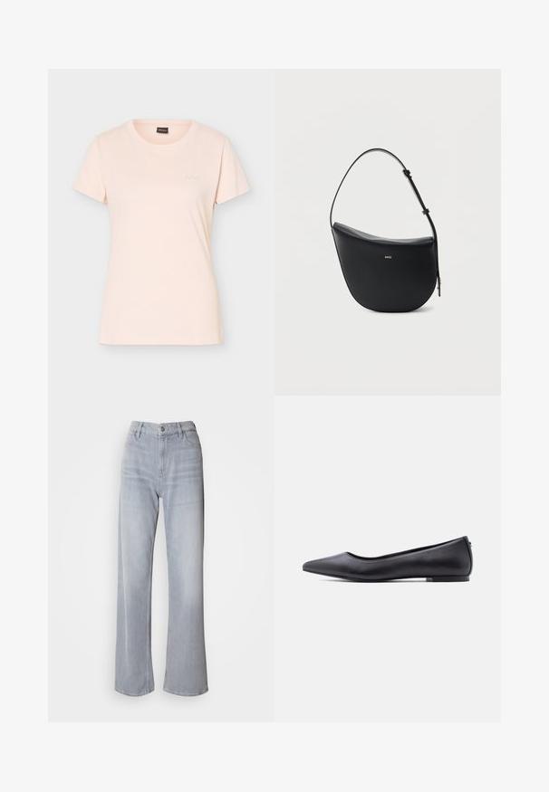 Lyserød kortærmet T-shirt med rund hals og lille præget BOSS-logo på venstre bryst samt sort mærke indvendigt i kraven.; Lys grå vidde jeans med høj talje, lavet af denim. Har forlommer, lynlås og subtil falmen over det hele.; Sort flad lædersko med spidst tåparti og lav hæl, vist i sideprofil mod en hvid baggrund.; Sort halv-måne skuldertaske i læder med justerbar rem og guld "BOSS"-logo centreret foran.