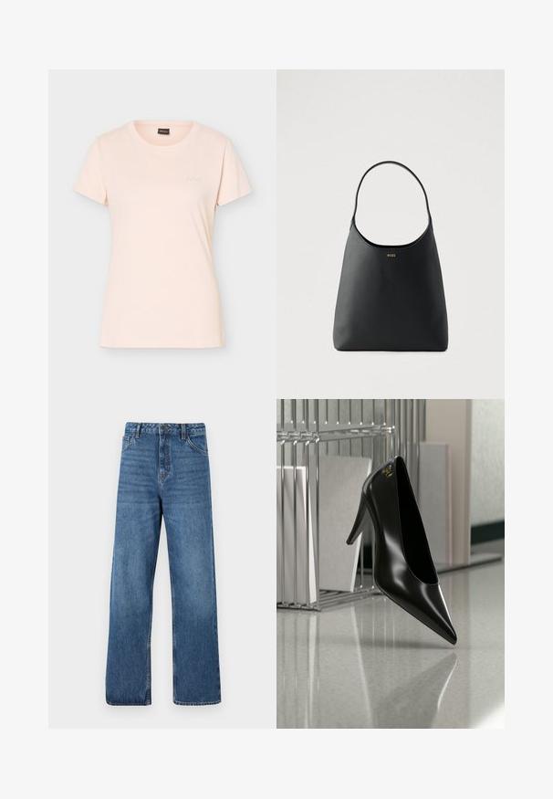 T-shirt rose clair à manches courtes avec col rond, petit logo BOSS embossé sur la poitrine gauche et étiquette noire à l'intérieur du col.; Jean denim bleu taille haute avec une coupe large, présentant une texture lisse, des détails de couture minimaux et un style classique à cinq poches.; Chaussure noire à talon haut avec bout pointu et logo doré, posée sur une surface réfléchissante près d'un organiseur de dossiers en fil chromé contenant des documents.; Sac à main en cuir noir avec une seule poignée courbée, texture lisse et un logo discret à l'avant. Design minimaliste et intérieur spacieux.