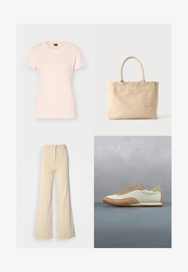 T-shirt rose clair à manches courtes avec col rond, petit logo BOSS embossé sur la poitrine gauche et étiquette noire à l'intérieur du col.; Jeans beige à jambes larges avec taille haute, poches avant, et couture contrastée, dotés d'une fermeture à bouton et d'une texture en coton lisse.; Baskets crème et beige avec une tige texturée, des lacets et une semelle en caoutchouc, présentées au-dessus d'une surface en bois avec des cailloux.; Sac fourre-tout rectangulaire beige avec deux poignées et logo "BOSS" brodé en blanc au centre avant. Texture de tissu simple et douce.