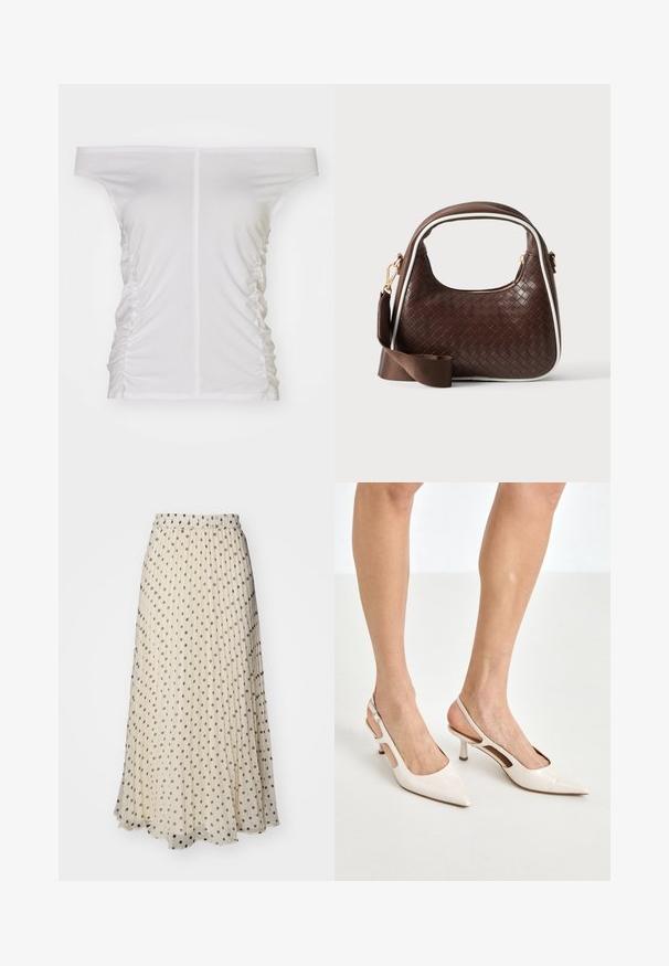 Hvid off-the-shoulder top, samlet side detaljer, blødt stof, tætsiddende design og lige halsudskæring.; Plisseret maxiskørt i cremefarvet stof med jævnt fordelte mørke polka-dots. Elastisk taljebånd for komfort og en let svajende kant.; Beige patenterede læder slingback hæle med spids tå og 5 cm hæl, med udskårne sider og en tynd ankelrem.; Brun vævet læderhåndtaske med hvid piping, guldfarvet lynlås og aftagelig brun stofskulderrem.