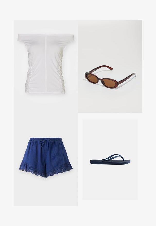 Hvid off-the-shoulder top, samlet side detaljer, blødt stof, tætsiddende design og lige halsudskæring.; Marineblå dame shorts med elastisk talje, frontbind, lodrette pyntesømme og bølget blonder med blomsterudskæringer ved kanten.; Marineblå gummiflip-flop med tekstureret sål og Y-formede stropper, isoleret på ensartet lysegrå baggrund.; Runde, bruntonede solbriller med en glansfuld bordeauxramme. Slanke arme med diskret brandingdetalje. Flad linsedesign.