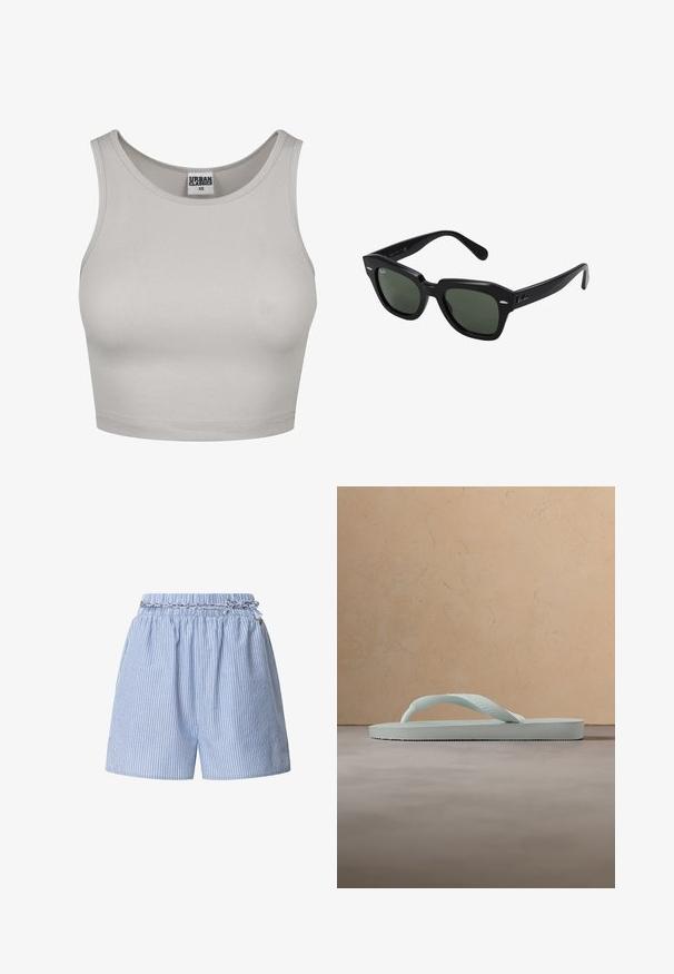 Lys grå ribbet crop top med rund halsudskæring og brede stropper, lavet af strækbart materiale. Har et Urban Classics mærke i midten.; Blå stribede shorts med elastisk talje og et flettet snor. Har vertikale hvide striber og et afslappet design.; Enkel lysebeige gummiflipflop med tekstureret fodseng og Y-formet rem mod en ensfarvet grå baggrund.; Sorte firkantede solbriller med mørkegrønne linser, der har kraftige stel og sølvdetaljer på siderne. Fremstillet i Italien.