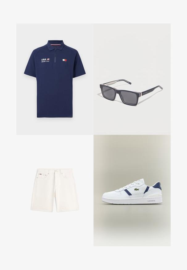 Marineblaue kurzärmelige Poloshirt mit halbem Reißverschluss, mit USA SailGP Team Schriftzug, Flagge und Tommy Hilfiger Logo auf der Brust.; Weiße Denim-Shorts mit vorderer Knopfleiste, Reißverschluss, Gürtelschlaufen und Fünf-Taschen-Design, einschließlich eines kleinen Logos auf der rechten Tasche.; Weiße Lacoste-Sneaker mit marineblauen Akzenten, grünem Krokodil-Logo, Schnürdesign und markierten Sohlen auf neutralem Hintergrund.; Schwarze rechteckige Tommy Hilfiger Sonnenbrille mit dunklen Gläsern und dezenten silbernen Akzenten an den Bügeln.