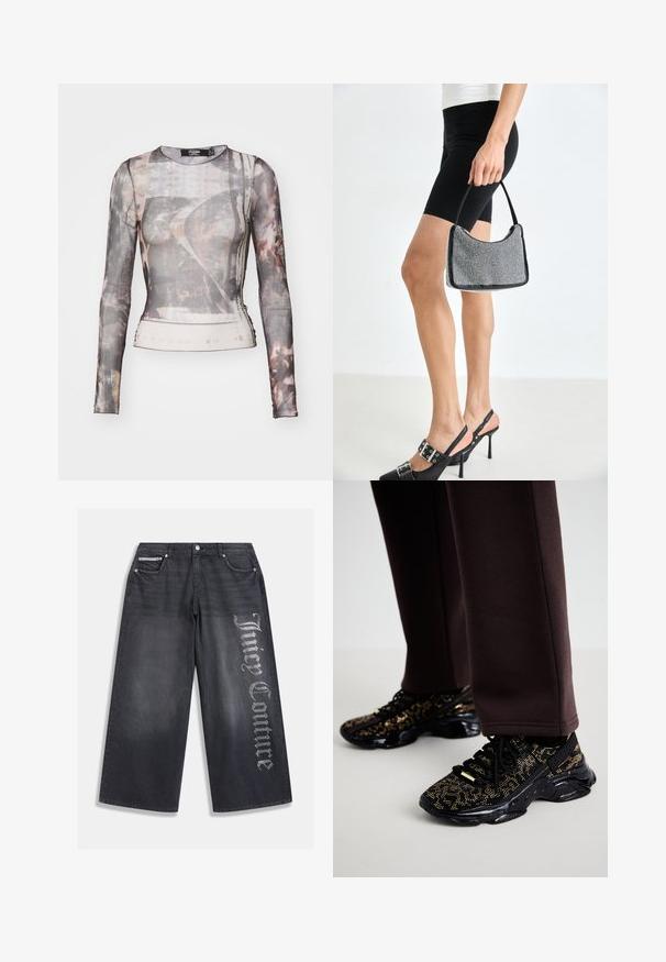Langsleeve, doorzichtige top met een grijs en bruin abstract patroon, ronde halslijn en een aansluitende silhouet met een lichte stretch.; Zwarte denim jeans met wijde pijpen en een vervaagde textuur, met een rhinestone "Juicy Couture" logo op het linkerbeen en zilverkleurige hardware.; Zwarte sneakers met gouden spikkels, een gestructureerd oppervlak en een stevige zwarte zool. Gekoppeld aan bruine sweatpants met een slim-fit ontwerp.; Zwarte beaded handtas met een gebogen silhouet, draaghandvat en glanzende textuur. Draagt bij hoge zwarte hakken en strakke zwarte shorts.