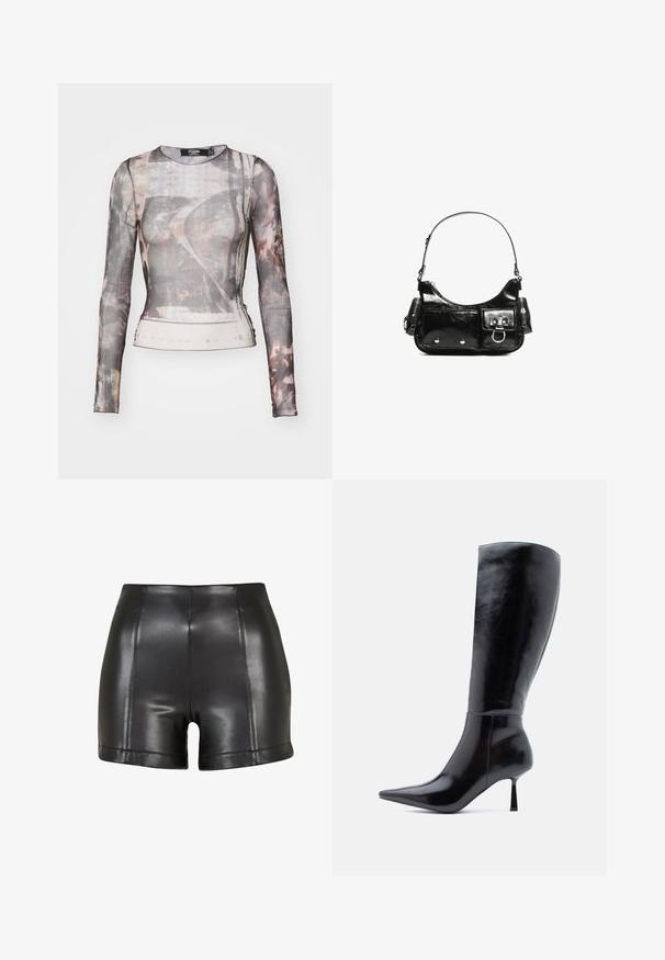 T-shirt à manches longues en maille transparente avec un motif abstrait gris et marron, décolleté rond et silhouette près du corps avec une légère élasticité.; Shorts taille haute noirs en cuir synthétique avec des coutures visibles verticales et horizontales sur fond blanc.; Bottes noires à talons aiguilles montantes, avec une finition en cuir brillant, un bout pointu et un talon effilé, présentant une surface lisse et un design élégant.; Sac à main en cuir verni noir avec une forme incurvée, une bandoulière, des poches avant et des accents en métal argenté.