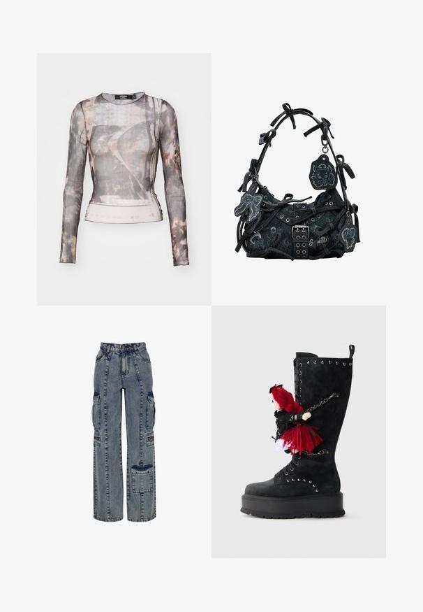 Langærmet, gennemsigtig bluse med et gråbrunt abstrakt mønster, rund halsudskæring og tætsiddende silhuet med let stræk.; Denim cargo bukser i lyseblå. Har vide ben, flere sidelommer og kontrasterende mørke denim detaljer. Struktureret med synlige sømme.; Sort knæhøj støvle med en kraftig sål, der har sølvnitter og en dukke med rødt garnhår vedhæftet med en kæde på siden.; Desigual MARÍA ESCOTÉ - Håndtasker - black