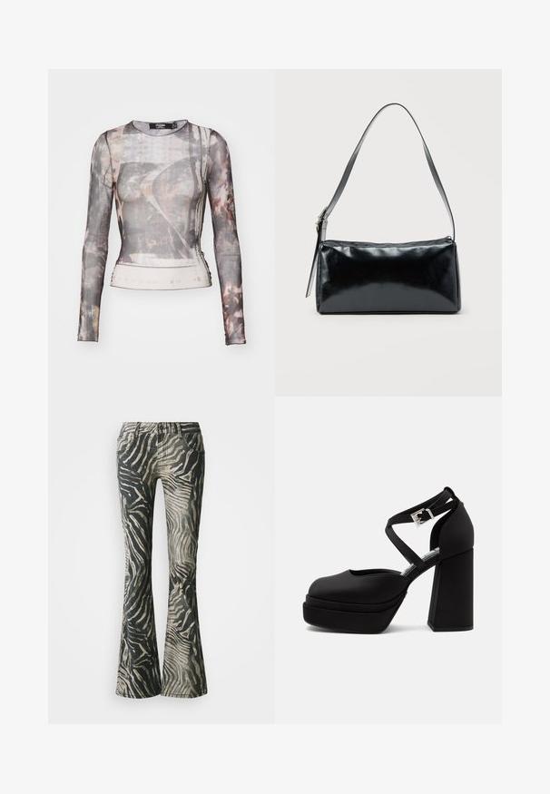 Langærmet, gennemsigtig bluse med et gråbrunt abstrakt mønster, rund halsudskæring og tætsiddende silhuet med let stræk.; Bredde jeans i et sort og beige zebra mønster, fremstillet af denim materiale, med fem-lomme design og synlige syninger.; Sort platform højhælet sko med tyk blokhæl, rundet tå og krydsede ankelstropper fastgjort med en sølvspænde.; Sort rektangulær skuldertaske med en enkelt justerbar rem og lynlås i toppen på en ensfarvet baggrund.