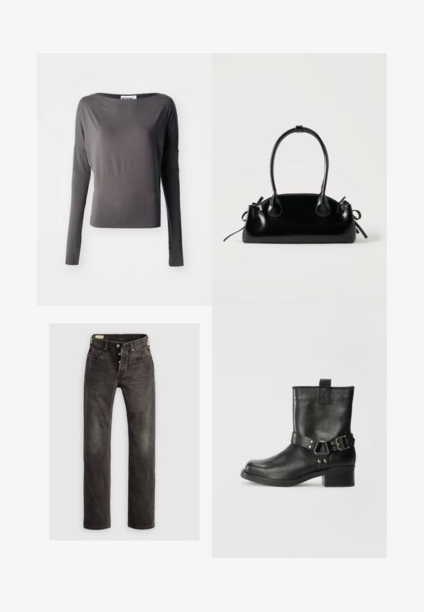 Langermige top in donkergrijs, gemaakt van zachte stof. Heeft een brede halslijn en een getailleerde pasvorm. Accenten zijn onder andere uitsparingen in de mouwen.; Donkergrijze rechte jeans van denim, met een knoopsluiting, vijf zakken en subtiele vervaging op de stof.; Samsøe Samsøe SABRENTA - Cowboy-/Bikerlaarsjes - black; Kleine zwarte glanzende handtas met twee lange hengsels en zijkant trekkoord details op een effen lichte achtergrond.