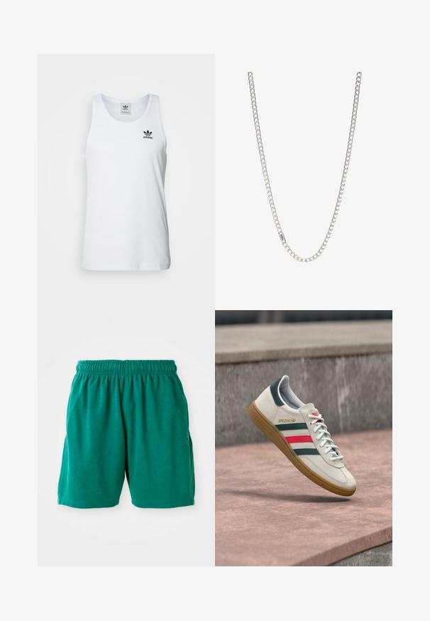 Top sin mangas blanco con canalé y escote redondo, logo negro de Adidas en el lado izquierdo del pecho. Material de algodón suave, corte casual.; Bermudas de algodón verdes con cintura elástica, bolsillos laterales y dobladillo cosido. Textura suave con un ajuste relajado y casual.; Zapatilla blanca Adidas con franjas verdes y rojas, suela de goma y marca "SPEZIAL" flotando sobre pavimento de piedra.; Collar de cadena de plata con eslabones entrelazados, textura suave y forma rectangular uniforme. Detalle de cierre seguro.