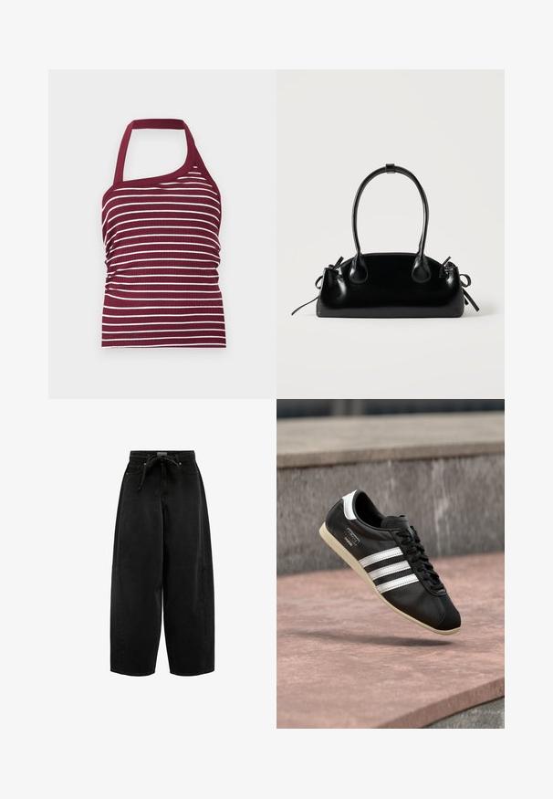 Bordeauxrød og hvidstribet ærmeløs top med en skulderrem og asymmetrisk halsudskæring, ribbet stoftekstur.; Sorte bredbenede jeans lavet af denim, med høj talje, bindebånd foran og synlige sømme langs sømmene.; Sort lædersneaker med hvide striber og sål, snøret, svævende over en rosa betonoverflade med en grå stenvæg i baggrunden.; Lille sort blank håndtaske med to lange håndtag og snøre-detaljer i siden på en ensfarvet lys baggrund.