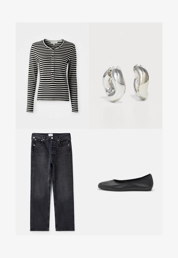 Sort/hvid stribet langærmet skjorte med rund halsudskæring, udstyret med en knaplukning og en slim-fit design. Blødt stoftekstur.; Sorte denimjeans med lige pasform, fem lommer, sølvhardware og en let falmet tekstur. Klassisk design med minimal detaljering.; Sort læderballetsko med rund tå, glat tekstur, minimal syning og et fleksibelt såldesign.; Sølvskulpturelle øreringe med glatte, buede former og reflekterende overflader. Har et lukket hoop-design og en markant organisk form.