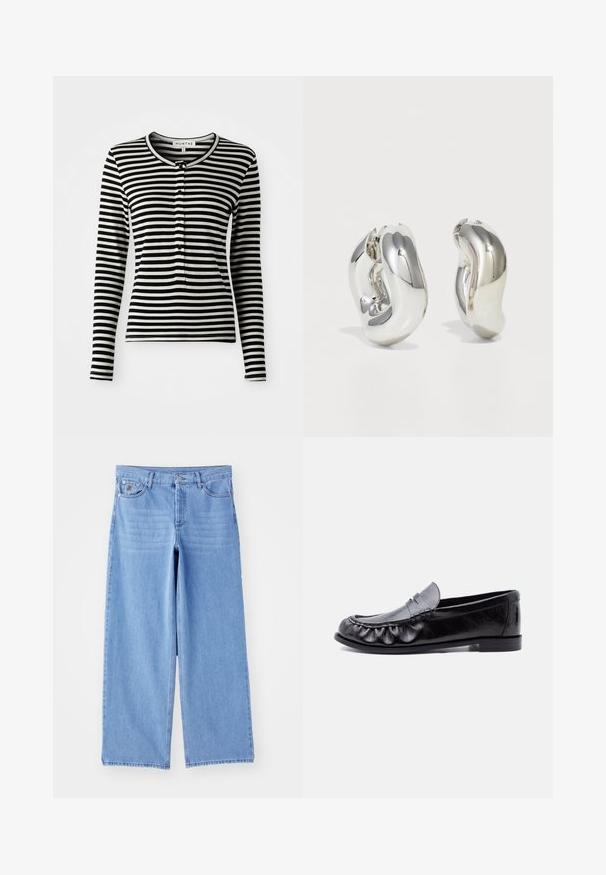 Sort/hvid stribet langærmet skjorte med rund halsudskæring, udstyret med en knaplukning og en slim-fit design. Blødt stoftekstur.; Lys blå brede ben jeans lavet af denim, med et klassisk fem-lomme design og en knaplukning. Glat tekstur, slidte kanter.; Sort læder herre loafer med penny-rem og detaljeret syning langs den afrundede tå, flad sål og lav hæl.; Sølvskulpturelle øreringe med glatte, buede former og reflekterende overflader. Har et lukket hoop-design og en markant organisk form.