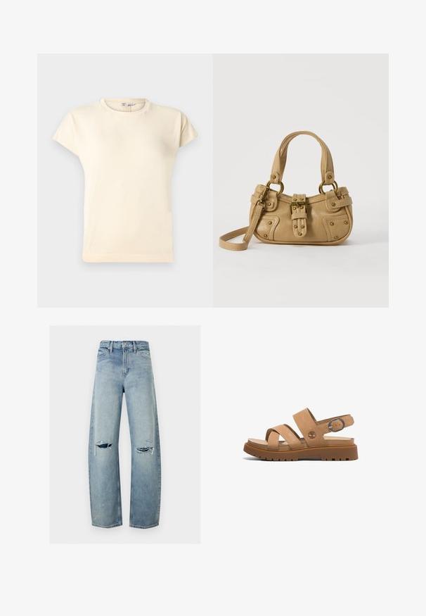 Kremfarvet t-shirt med korte ærmer og rund hals, med en let løs pasform og minimale syningsdetaljer.; Lyseblå straight-leg denim jeans med slidte revner på begge knæ, forlommer, bæltestropper og knaplukning.; Brune lædersandaler med to brede stropper, en bagstrop med en metalspænde og en kraftig gummisål med et struktureret mønster.; Beige læderhåndtaske med dobbelte håndtag, messing spænde og nitte detaljer samt en justerbar skulderrem mod en hvid baggrund.