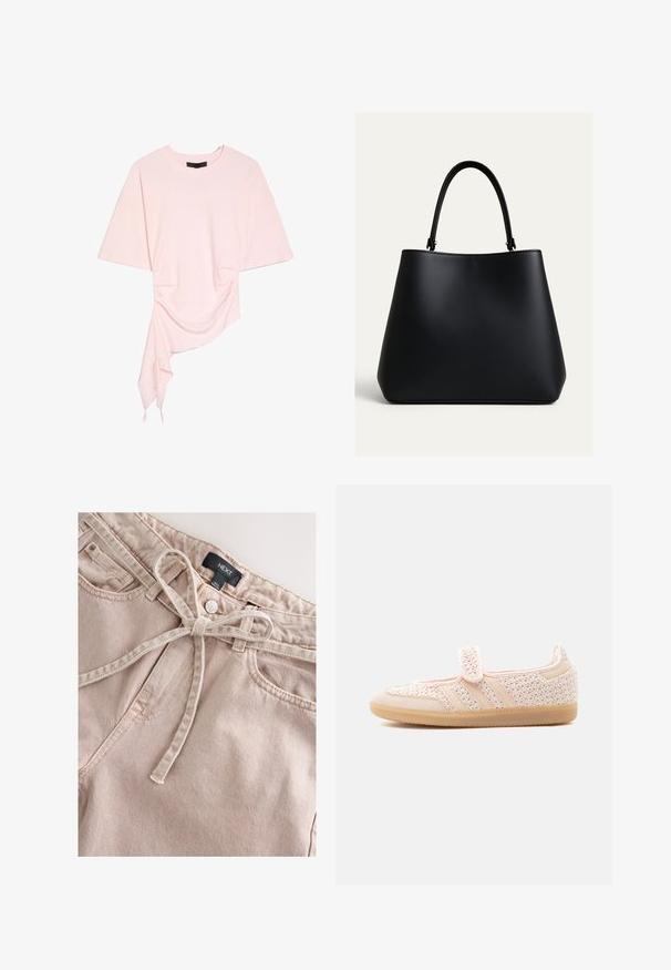 Lys pink kortærmet top med rund halsudskæring og asymmetrisk kant med rynket stof og spids draperet detalje på den ene side.; Lyserøde denimbukser med bindebånd i taljen, med frontknap, bæltestropper og to forlommer, der viser et tekstureret stof.; Lyserød flettet Mary Jane-sko med velcrobånd og gummisål, sidevisning på ensfarvet lys baggrund.; Sort lædertaske med en afrundet trapezform og en enkelt buet skulderrem, vist mod en ensartet lys baggrund.