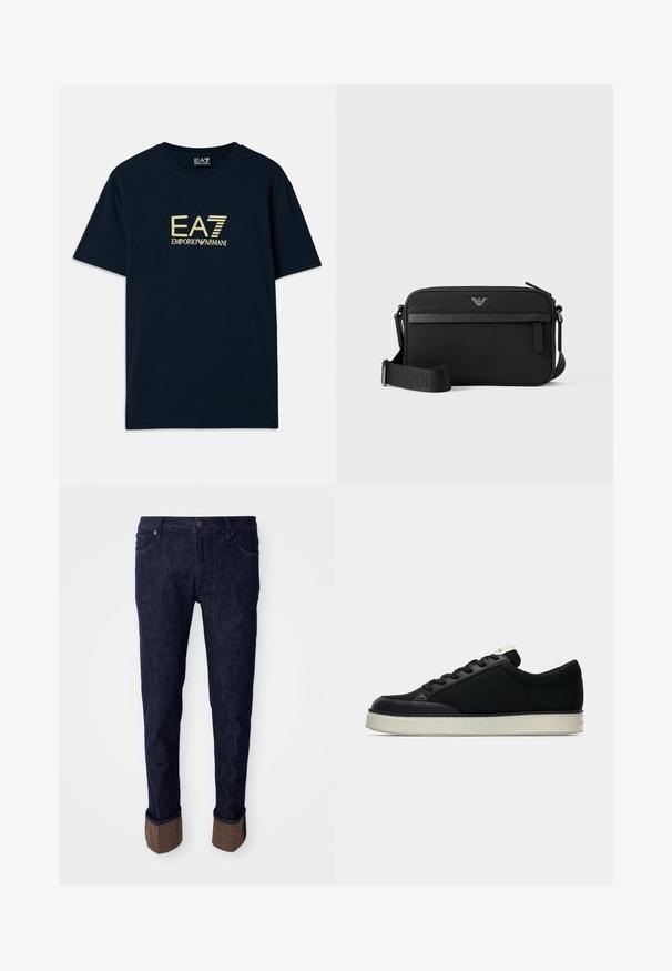 Námornícky modré bavlnené tričko s potlačou zlatého loga "EA7 EMPORIO ARMANI" na hrudi, krátke rukávy a okrúhly výstrih.; Tmavomodré denimové nohavice so sviežim strihom, s rolovanými manžetami z textúrovaného hnedého materiálu s logom. Štandardný dizajn s piatimi vreckami.; Čierna teniska s hladkou koženou špičkou, textilným zvrškom, plochými šnúrkami a bielou gumovou podrážkou. Minimalistický dizajn s kontrastnými detailmi.; Čierna obdĺžniková crossbody taška s predným vreckom na zips, nastaviteľným popruhom a malým kovovým logom v hornej strede.