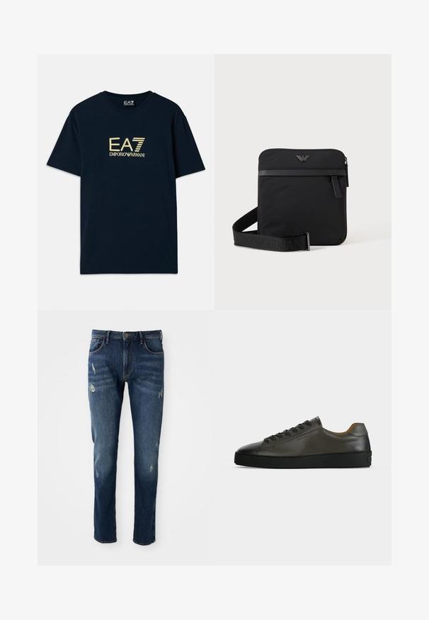 Navyblaue Baumwoll-T-Shirt mit einem goldenen Logo-Druck "EA7 EMPORIO ARMANI" auf der Brust, kurzen Ärmeln und einem runden Halsausschnitt.; Dunkelblaue Jeans aus Denim mit slim fit, leichten Abnutzungen an den Oberschenkeln und Knien, klassischem Fünf-Taschen-Design und Knopfverschluss.; Niedriger dunkelgrauer Ledersneaker mit schwarzen Schnürsenkeln und Sohle, minimalistisches Design, Seitenprofil vor einem schlichten hellen Hintergrund.; Schwarze quadratische Schultertasche mit Reißverschluss, Vordertasche und verstellbarem Riemen mit eingeprägtem Markennamen.