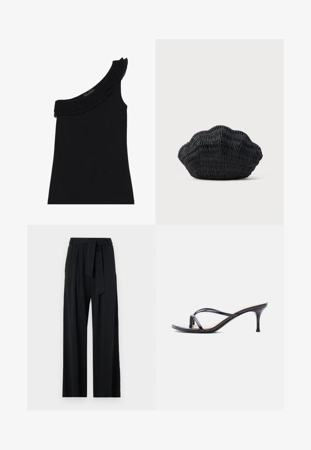Schwarzes, einseitiges Oberteil mit einem rüschendekorierten Ausschnitt. Glattes, elastisches Material. Einfaches und figurbetontes Design, ohne zusätzliche Muster oder Akzente.; Schwarze, weit geschnittene Hosen mit einem Gürtel an der Taille, die eine glatte Textur und minimalistische Details aufweisen und sich für verschiedene Anlässe eignen.; Schwarze Peeptoe-Sandale aus Lackleder mit dünnen, gekreuzten Riemen und einem schlanken, mittelhohen Stilettoabsatz vor weißem Hintergrund.; Schwarze Korbtasche in Muschelform mit gebogenem Oberteil und gewebter Textur auf einfarbigem Hintergrund.