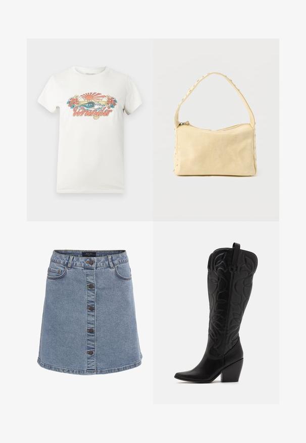 Camiseta blanca de algodón con un gráfico colorido que presenta un sol naciente, olas y flores, mostrando de manera destacada el logo "Wrangler" en rosa.; Falda de mezclilla en azul claro con una forma acampanada, que cuenta con un cierre de botones en la parte delantera, dos bolsillos laterales y detalles de costura en contraste.; Botas negras de cuero hasta la rodilla con punta puntiaguda y tacón apilado. Presentan costuras decorativas y elementos de diseño curvados.; Pequeño bolso de cuero beige con una sola correa y tachuelas plateadas a lo largo de los bordes y la correa, sobre un fondo liso.