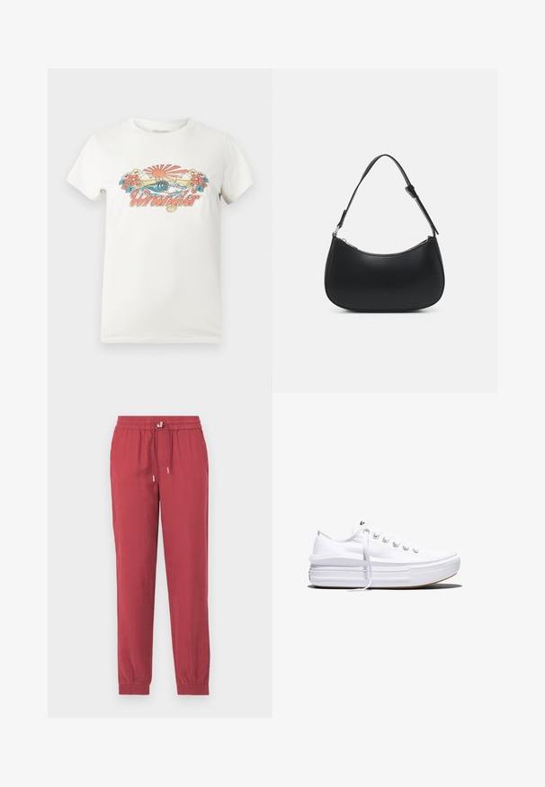 T-shirt en coton blanc avec un graphisme coloré représentant un soleil levant, des vagues et des fleurs, affichant en évidence le logo "Wrangler" en rose.; Pantalons légers rouges, fuselés, avec une taille élastique et un cordon de serrage. Comprend des poches aux chevilles et une texture douce.; Baskets basses blanches en toile avec semelle plateforme épaisse, lacets sur le devant et embout en caoutchouc texturé, vues de profil.; Pieces PCALUANA SHOULDER BAG - Sac à main - black